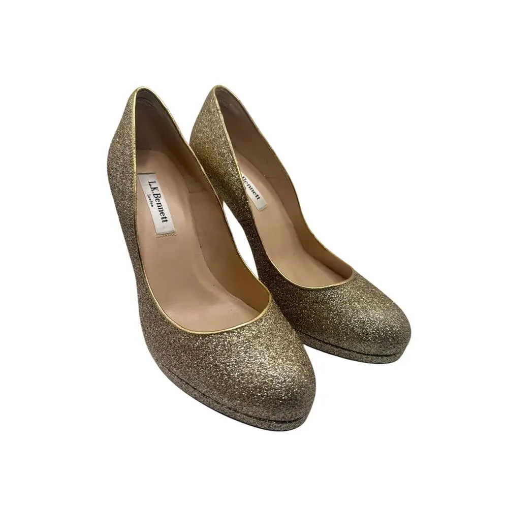 L.K. Bennett Sledge Platform Pump in Gold Glitter size 38 LIKE NEW